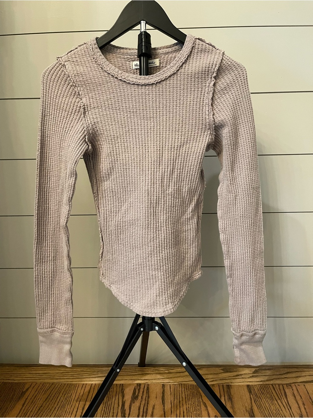 We The Free Waffle Knit Thermal Top Taupe XS Raw Seam Long Sleeve